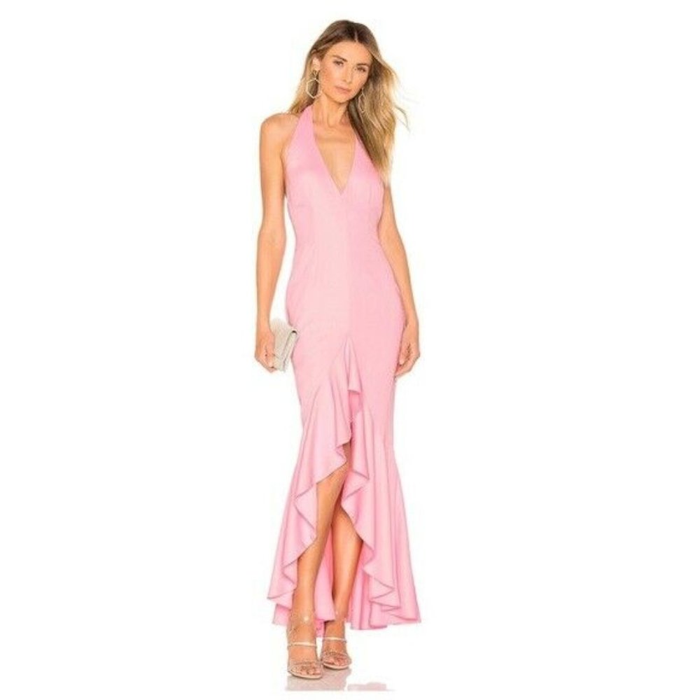 NBD Revolve Pink Gwendolyn Halter Ruffle Gown